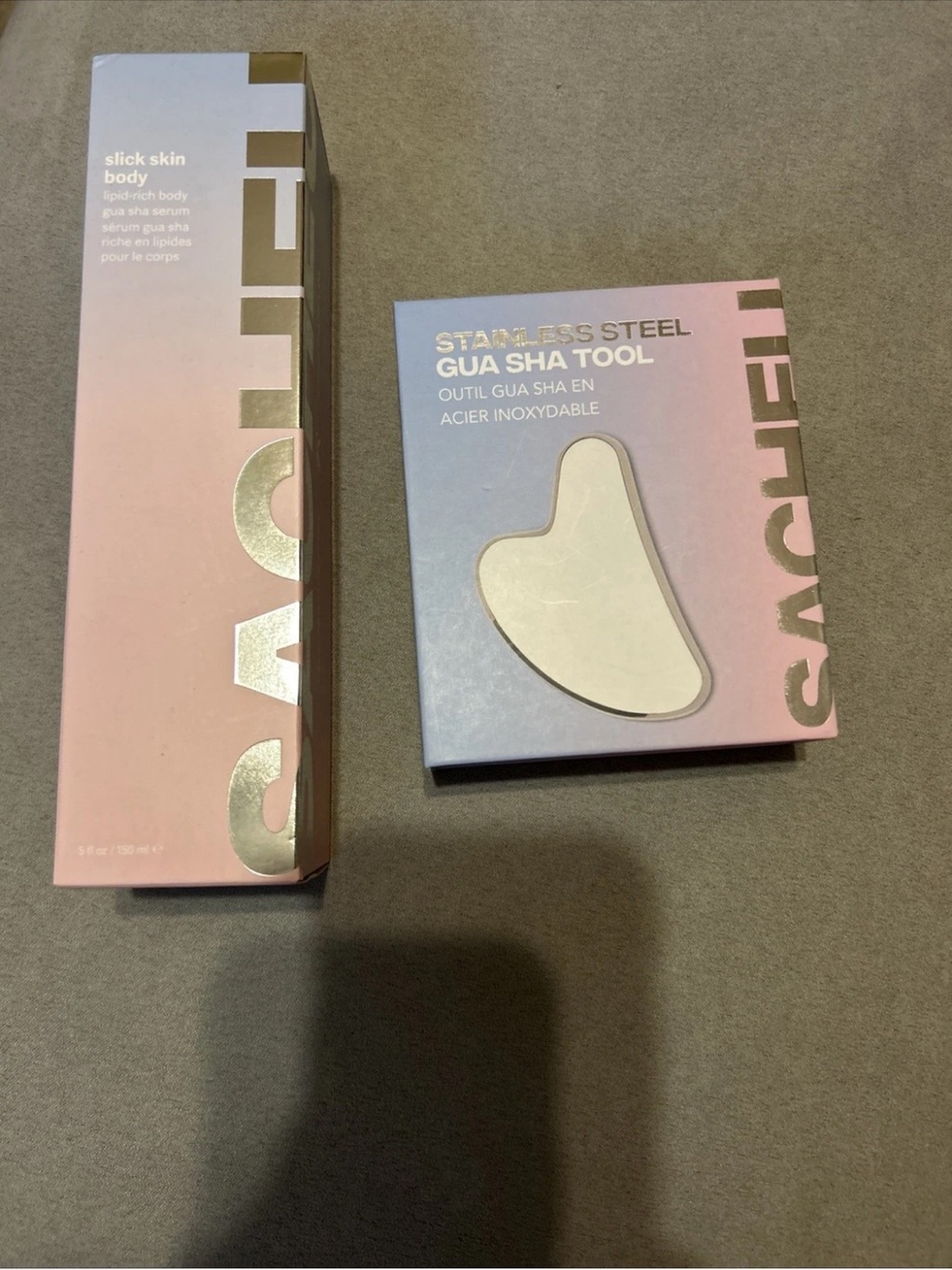 Sacheu Stainless Steel Gua Sha Tool + Slick Skin Body Serum -Retail $70